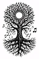sun shining, tree of life with veins for roots. musical notes flying  tattoo design idea