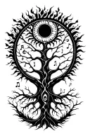 sun shining, tree of life with veins for roots. musical notes flying  tattoo design idea