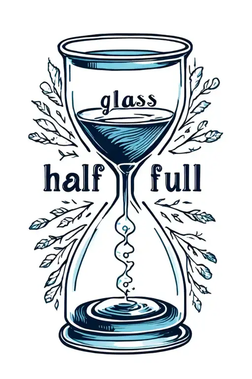 "glass half full" hour glass surrounded tattoo design idea