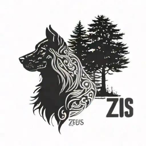 the name (dog)Zeus with a pine tree   tattoo design idea