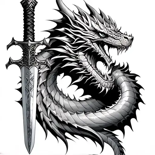 Dragon and Conan sword going tattoo design idea