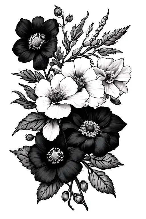 long skinny single vine with january, march, april, june, july, september, and december birth flowers on iy tattoo design idea