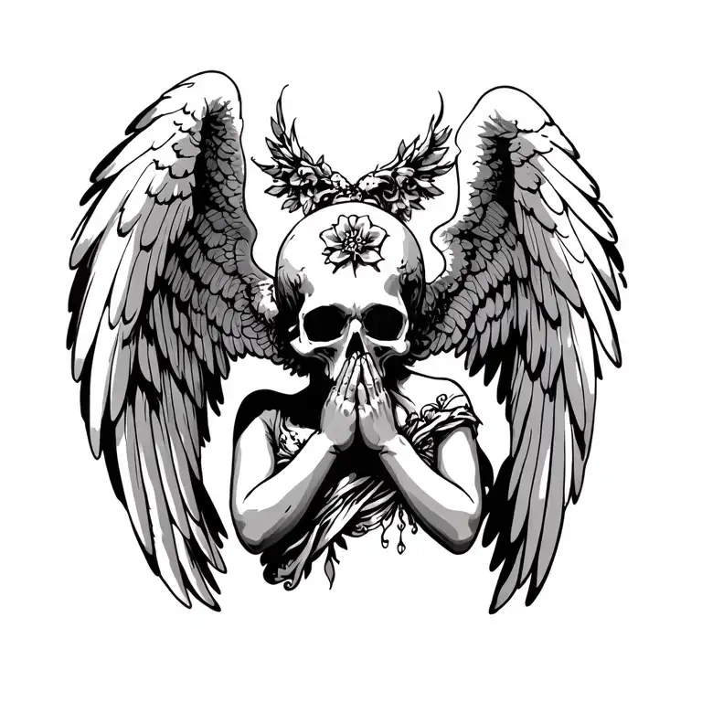 cupid, skull, blind angels praying tattoo design idea