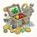 Silver gold copper coins, treasure chest, Ruby crystal, Sapphire crystay, emerald crystal, diamond, Gens, jewelry rings tattoo design idea