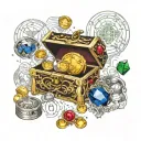 Silver gold copper coins, treasure chest, Ruby crystal, Sapphire crystay, emerald crystal, diamond, Gens, jewelry rings tattoo design idea