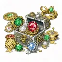 Silver gold copper coins, treasure chest, Ruby crystal, Sapphire crystay, emerald crystal, diamond, Gens, jewelry rings tattoo design idea
