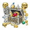 Silver gold copper coins, treasure chest, Ruby crystal, Sapphire crystay, emerald crystal, diamond, Gens, jewelry rings tattoo design idea