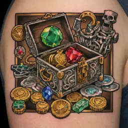 Silver gold copper coins, treasure chest, Ruby crystal, Sapphire crystay, emerald crystal, diamond, Gens, jewelry rings tattoo design idea