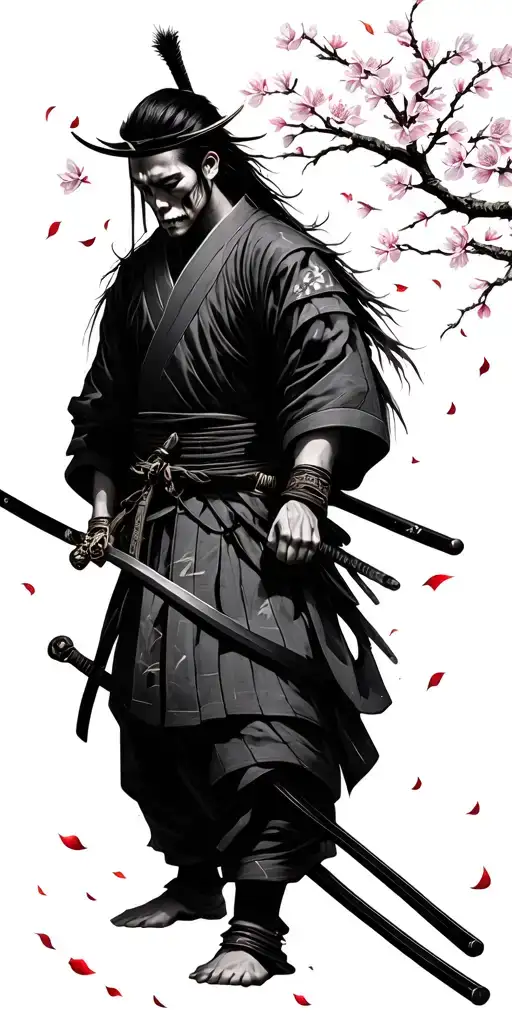 samurai with cherry blossom petals falling, death before dishonor tattoo design idea