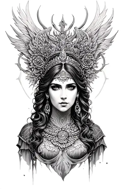 The goddess Temida in a dark style with a large discovered neckline tattoo design idea