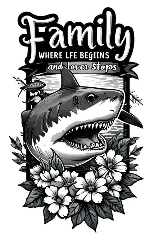 shark with turle and flowers with the text 'family where life begins and love never stops' tattoo design idea