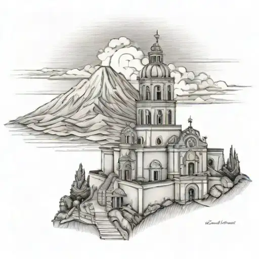 the church of cholula and popocatepetl at the back tattoo design idea
