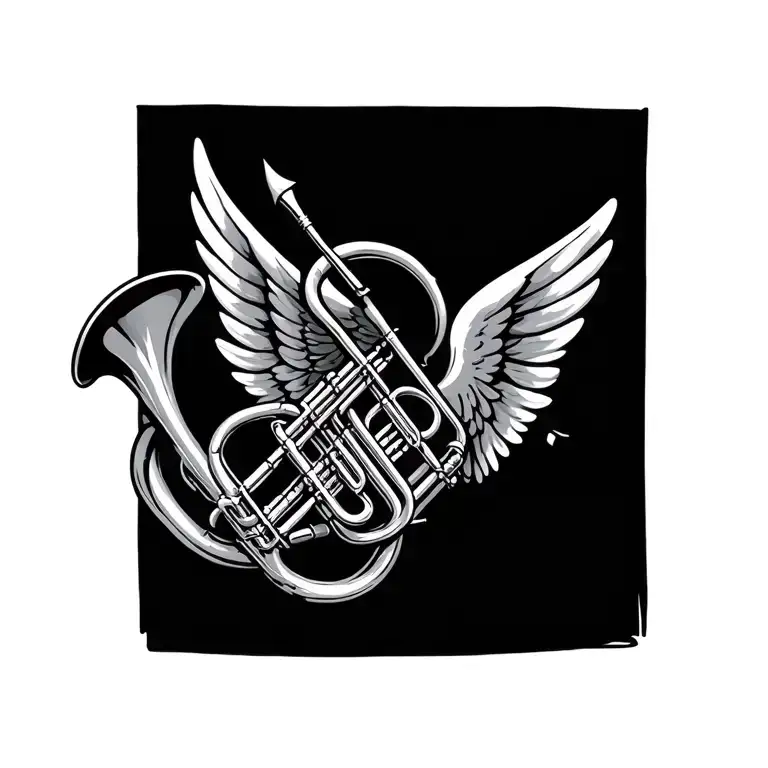 Trombone, quavers, wings flying tattoo design idea