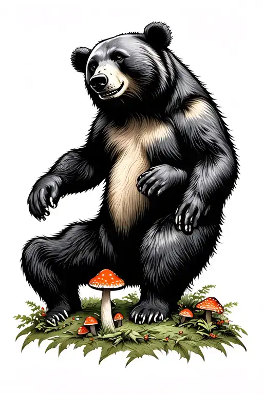 Grateful Dead bear in forest with small mushroom detail tattoo design idea