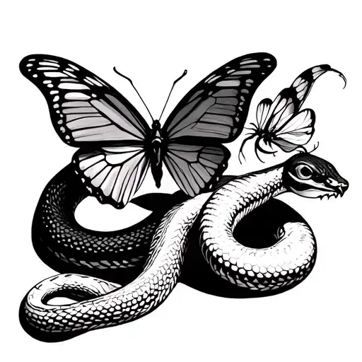 A design snake that is trying to hunt butterfly tattoo design idea