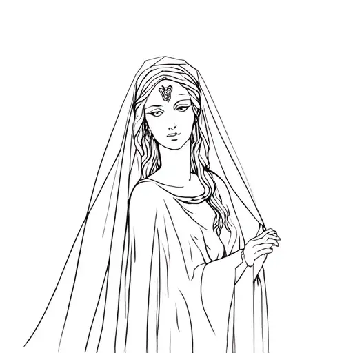 Hecate goddess of magic with long hair & wearing veil. simple outline style  tattoo design idea