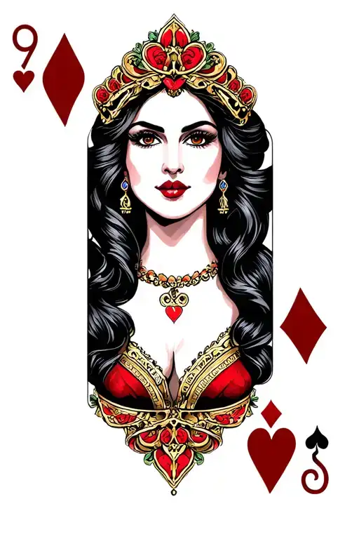 Queen of hearts card, Realism tattoo design idea