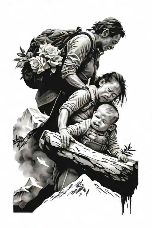 sleeve tattoo featuring a baby and mother climbing to the top of mount everest and roses tattoo design idea