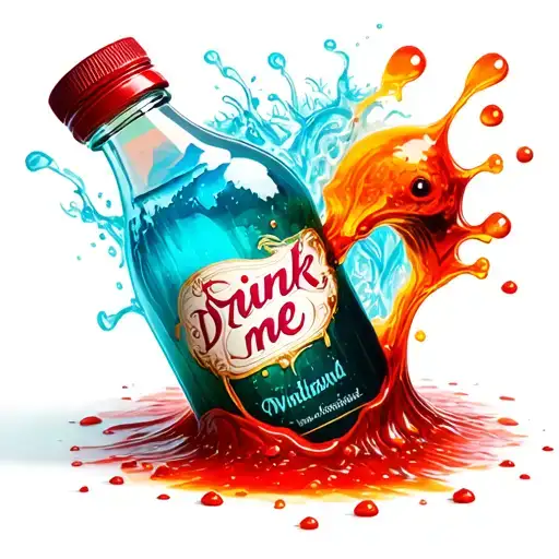 Alice in wonderland drink me bottle taking down rabbit hole spilling out liquid and characters tattoo design idea
