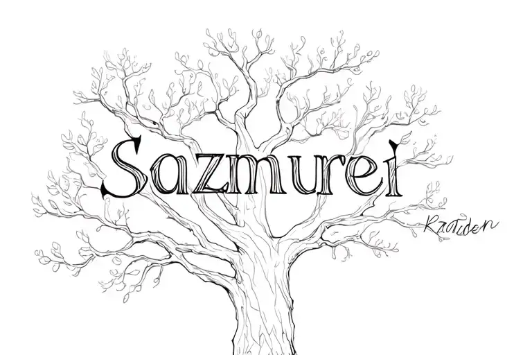 i want our names written in the shape of a tree with the name Sazmurei as the middle trunk and kavan and zaiden as branc tattoo design idea