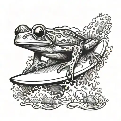 give me a tattoo design of a red frog surfing on a surfboard in a barrel under a reef tattoo design idea