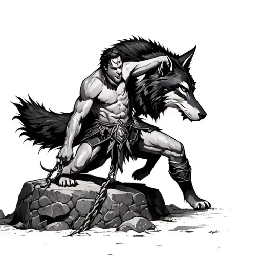 Cu Chulainn fighting a wolf dying tied to a stone tattoo design idea