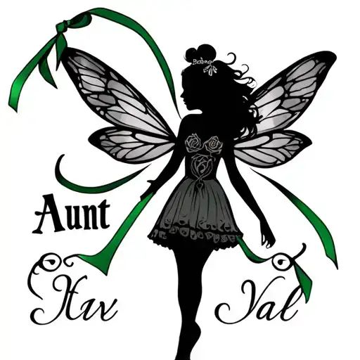 "Aunt Val" fairy silhouette holding green ribbon  tattoo design idea