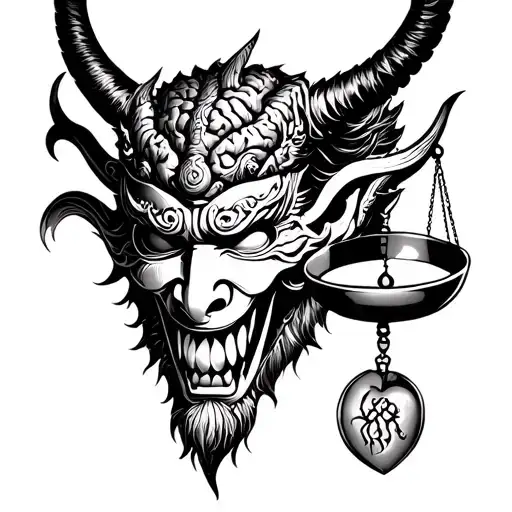 Demon japon oni mask and weight scale balance with heart and brain tattoo design idea