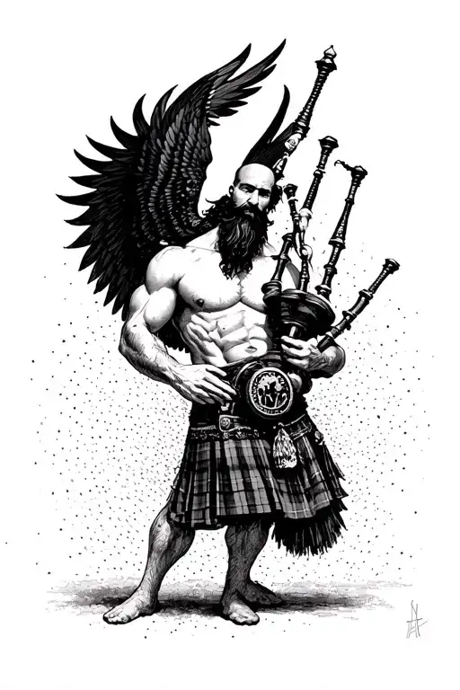 legless shirtless muscular bagpiper bald black beard playing bagpipes huge black wings tattoo design idea