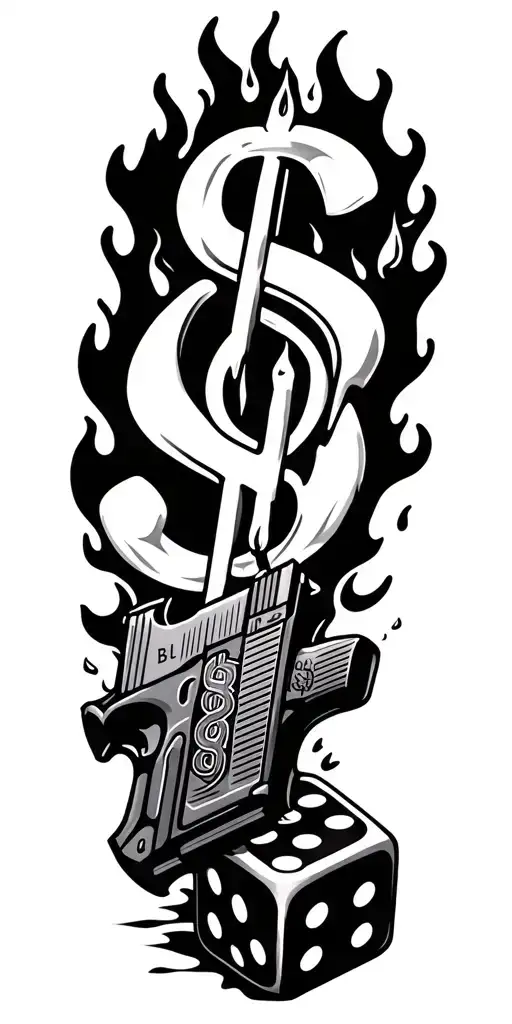 Candle, dollar sign, glock pistol, fire, dices, 'B 4 L' text gangster font, dice in fire, smoke tattoo design idea