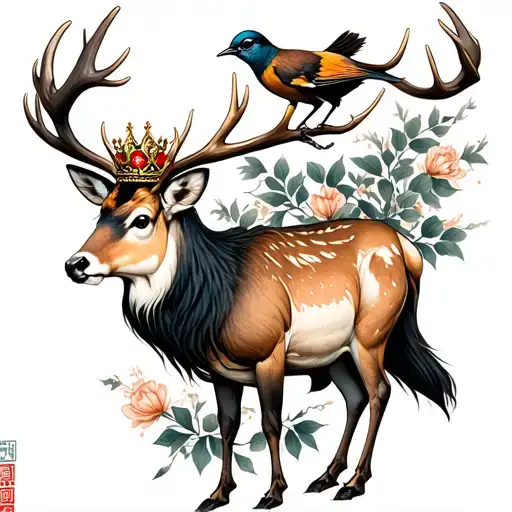 Stag with crowned antlers*** **Medium-sized, detailed songbird** perched on top* Sized and styled for your **right upp tattoo design idea
