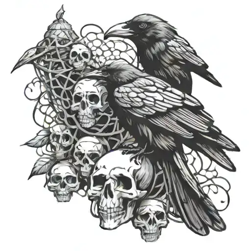 crow carrying net of kings skulls tattoo design idea