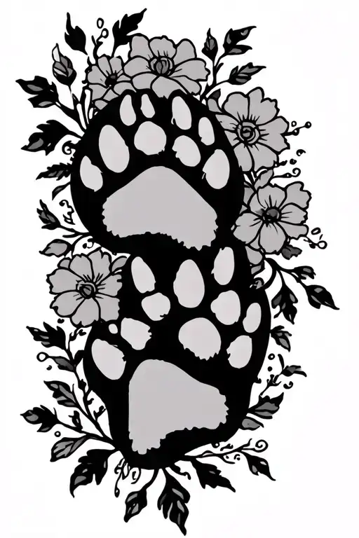 off centered back tattoo with dog paw prints and floral vines tattoo design idea