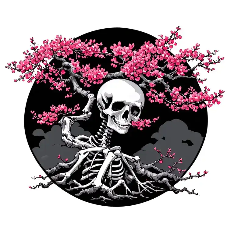 japanise cherry blossom skeleton tree intertwined vines tattoo design idea