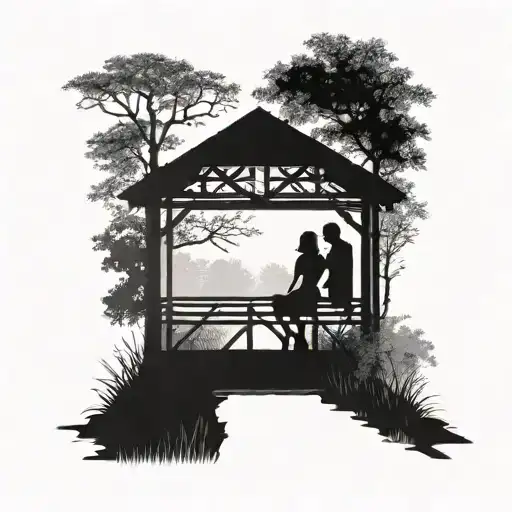 A silhouette of a couple on a covered bridge, inspired by Bridges of Madison County tattoo design idea