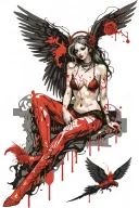 Sexy Angel, pale skin, Big breasts, Wide Hips, Angel wings, Halo, G-String, Revealing bra, Sexual, Bloody, Seductive. tattoo design idea