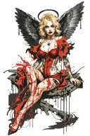 Sexy Angel, pale skin, Big breasts, Wide Hips, Angel wings, Halo, G-String, Revealing bra, Sexual, Bloody, Seductive. tattoo design idea