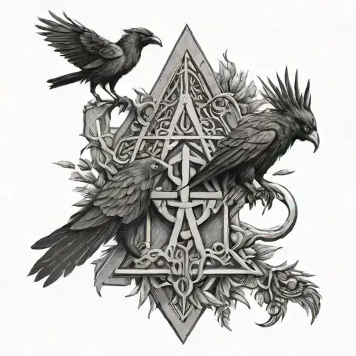 mjölnir and yggdrasil and valknut and odin's ravens and odin's eye tattoo design idea