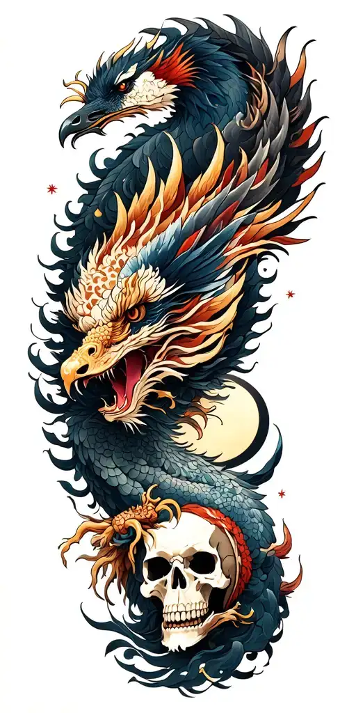 Chinese dragon and phoenix and skull and moon and raven tattoo design idea