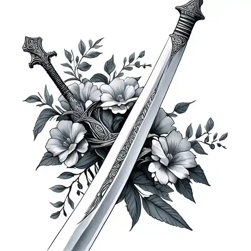 sabre sword wrapped with flowers growing tattoo design idea