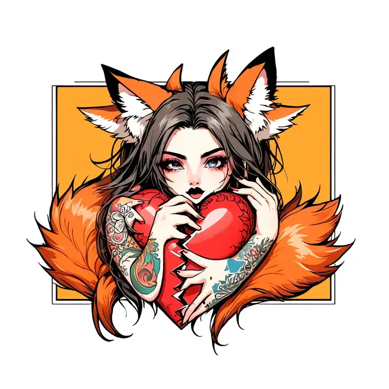 anime woman with tattoos and fox ears stitching together a broken heart wrapped with fox tails tattoo design idea