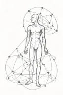human body evolving from an atom structure from bellow and merging at the top with the universe tattoo design idea