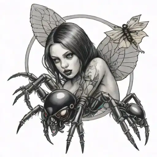 Gothic Girl holding black widow spider crawling tattoo design idea