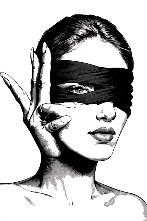 female blindfolded face, with her right hand she makes her right eye visible  tattoo design idea