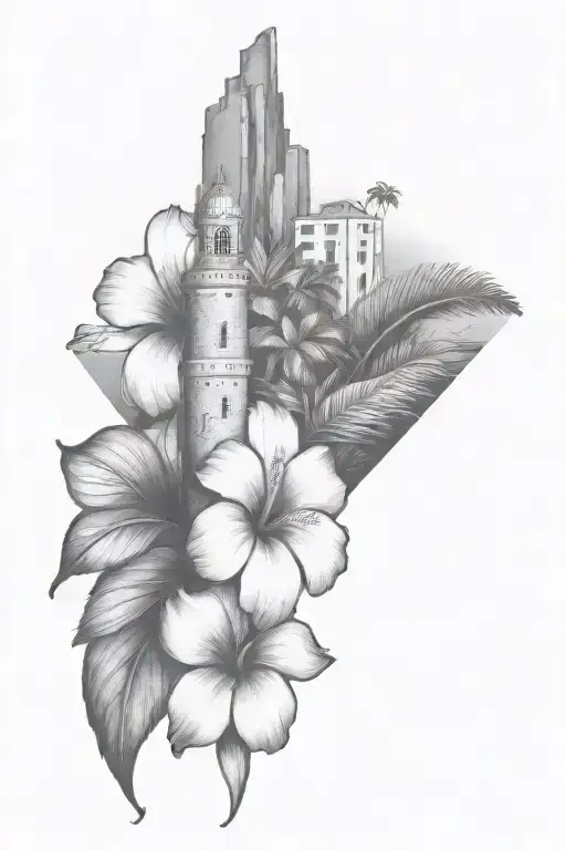Ibiza with tropical leaves, hibiscus, houses with tech and a tower with three windows tattoo design idea
