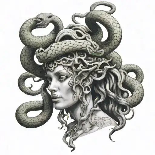 medusa crazy hairstyle, bone crown, kind face. peaceful snakes tattoo design idea