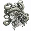 medusa crazy hairstyle, bone crown, kind face. peaceful snakes tattoo design idea