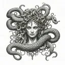 medusa crazy hairstyle, bone crown, kind face. peaceful snakes tattoo design idea