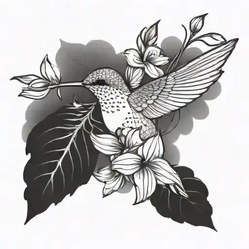 hummingbird and flowers around tattoo design idea