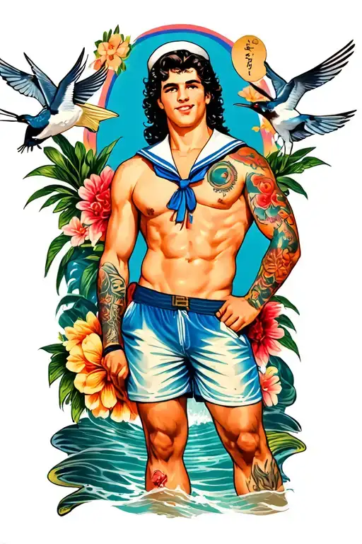 gay male pinup sailor short shorts with tattoos of swallows, hula girl and merman tattoo design idea